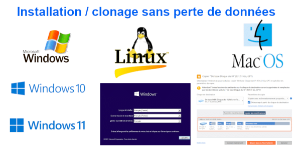 Installation windows, linux, Mac OS, clonage.