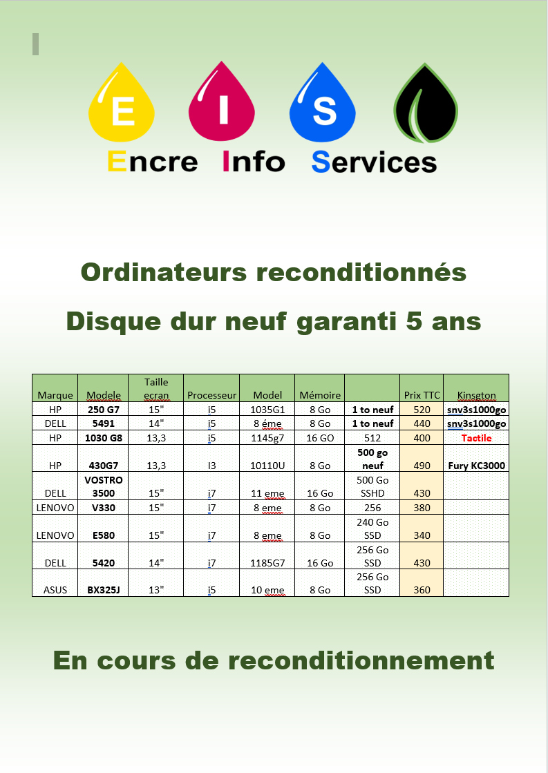 Liste Ordinateurs Portable en cours de reconditionnement