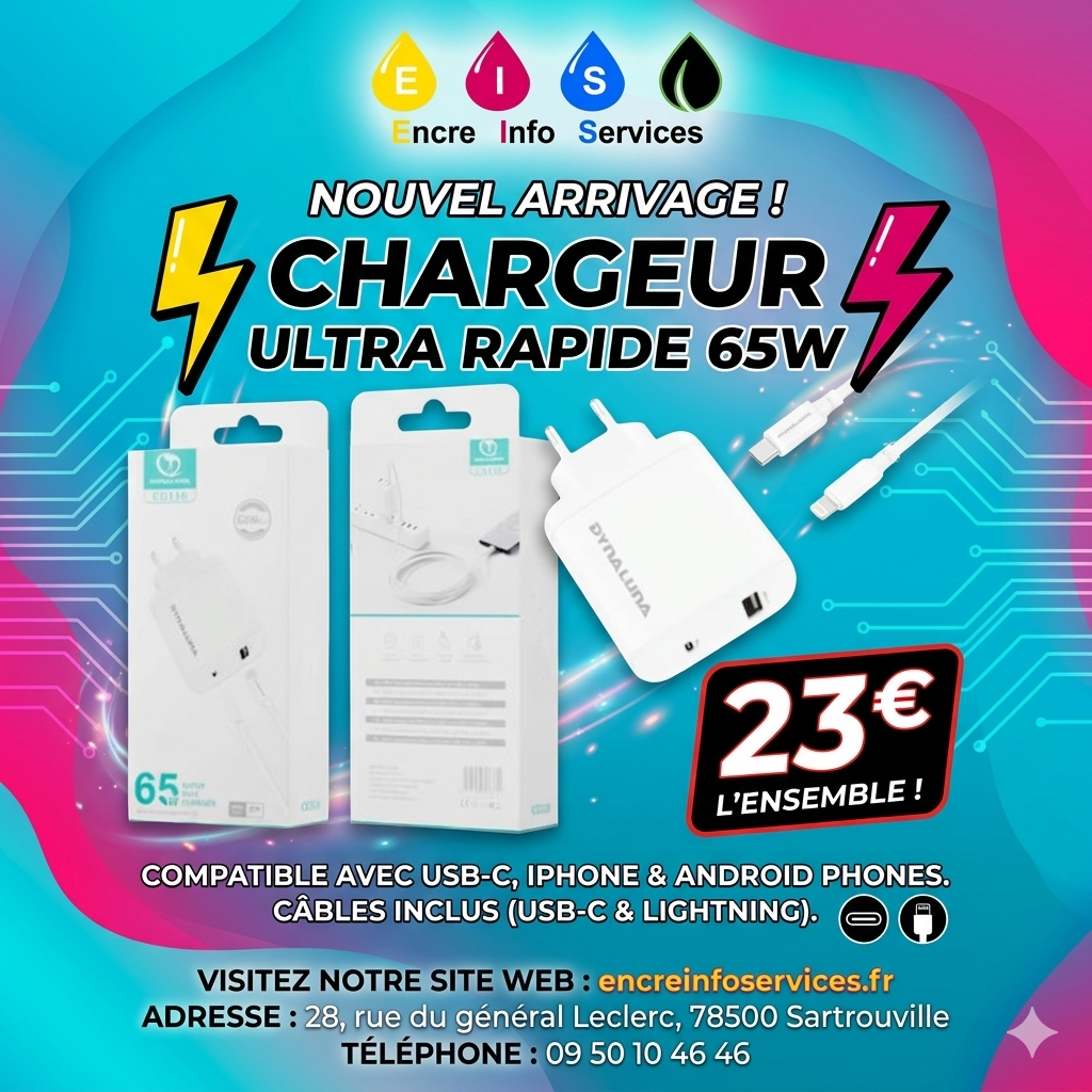 Chargeur RAPIDE IPHONE OU ANDROID 65 Watts